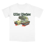 A white short-sleeve crewneck t-shirt featuring a graphic print of a green tank with a skull for a head, red splatters, and the gothic-style text 'War Machine' above it.