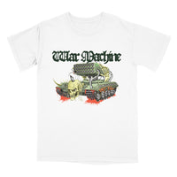 A white short-sleeve crewneck t-shirt featuring a graphic print of a green tank with a skull for a head, red splatters, and the gothic-style text 'War Machine' above it.