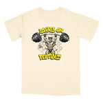 A cream-colored short-sleeve t-shirt with a graphic print of a muscular man lifting a barbell, surrounded by the text 'LOADED ON PEPTIDES' in yellow and black.