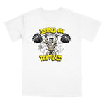 A white short-sleeve crewneck t-shirt featuring a graphic print of a muscular man lifting a barbell with the text 'LOADED ON PEPTIDES' in yellow and black.