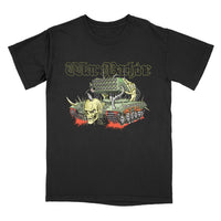 A black short-sleeve graphic t-shirt featuring the band name 'War Machine' in a stylized font above a detailed illustration of a skull, tank, and skeletal hand.